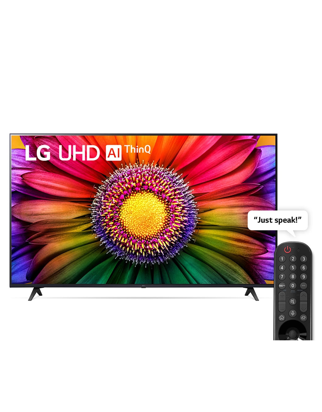 LG ال‌جی،LG UHD UR80 ، تلویزیون 50 اینچ سری UR80، کیفیت 4k، کنترل جادویی، تکنولوژی هوشمند AI ThinQ، سیستم عامل WebOS، توانایی نمایش محتوای HDR با فرمتHLG، تکنولوژی AI Picture Pro وAI Sound Pro (5.1.2ch)، پایه دو طرفه، جدید 2023, نمای جلو از تلویزیون LG UHD, 50UR80006LJ