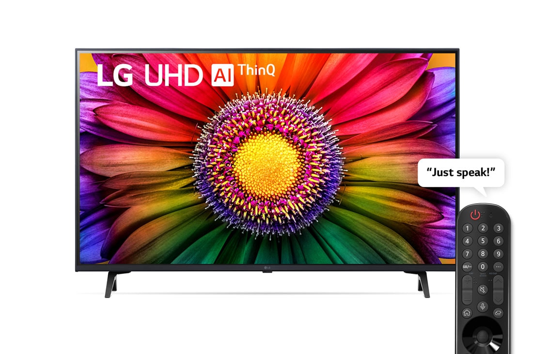 LG ال‌جی،LG UHD UR80 ، تلویزیون 43 اینچ سری UR80، کیفیت 4k، کنترل جادویی، تکنولوژی هوشمند AI ThinQ، سیستم عامل WebOS، توانایی نمایش محتوای HDR با فرمتHLG، تکنولوژی AI Picture Pro وAI Sound Pro (5.1.2ch)، پایه دو طرفه، جدید 2023, نمای جلو از تلویزیون LG UHD, 43UR80006LJ