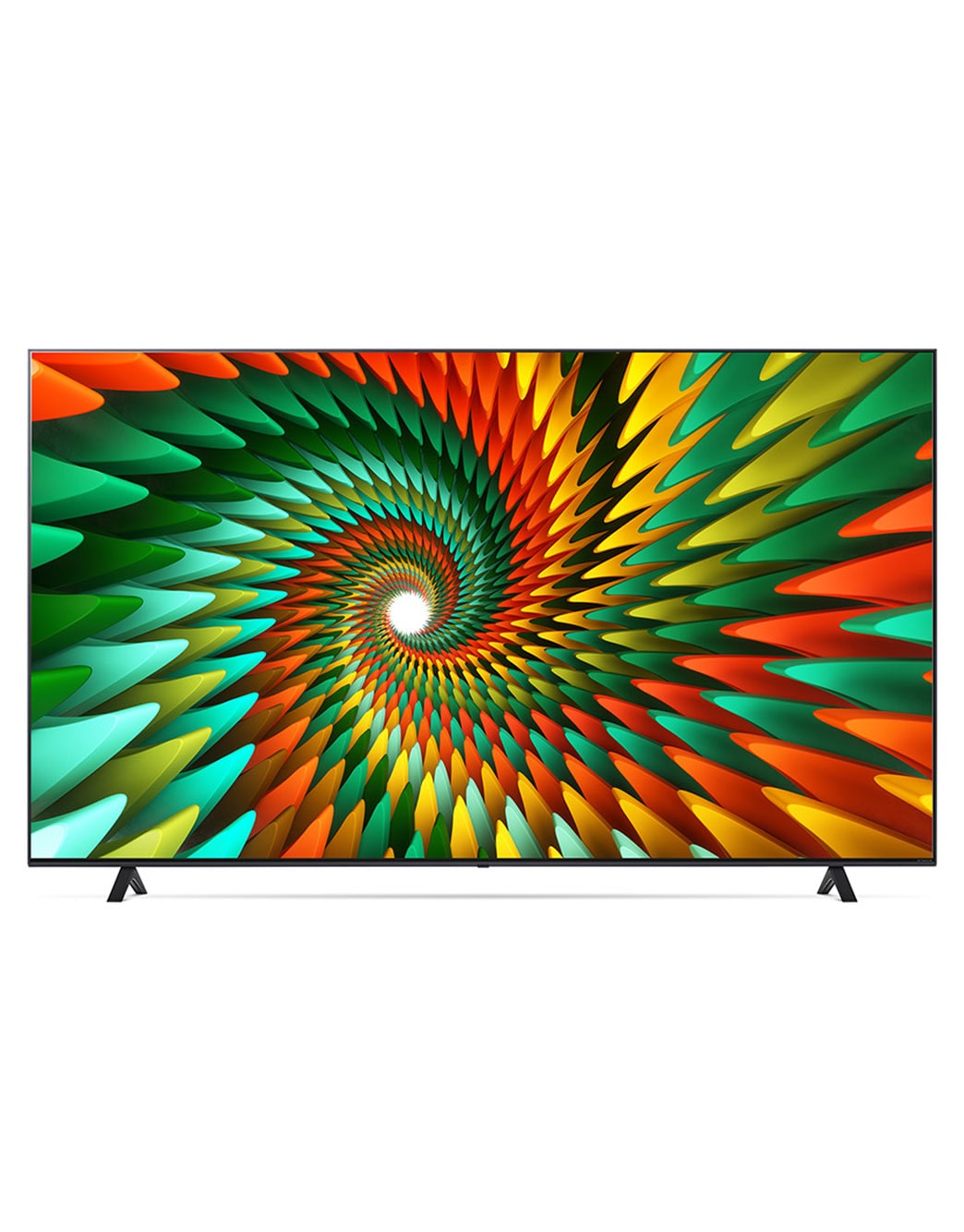 LG ال‌جی،LG Nanocell ، تلویزیون 75 اینچ سری NANO77R، تکنولوژی هوشمند AI ThinQ، سیستم عامل WebOS، کیفیت 4k، کنترل جادویی، زبان طراحی 3side cinema، تکنولوژی AI Sound Pro (5.1.2ch)، توانایی نمایش محتوای HDR با فرمتHLG، پایه دو طرفه، جدید 2023 , نمای جلو با تصویر داخلی تلویزیون, 75NANO776RA