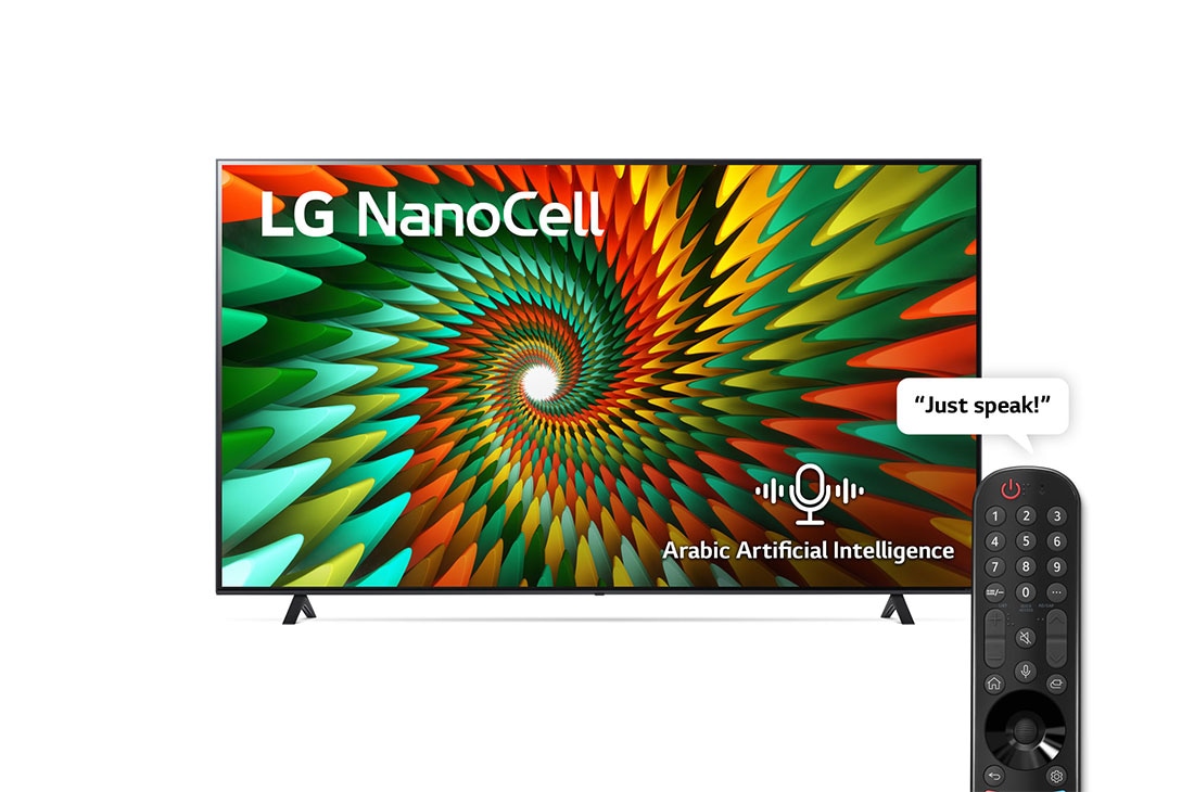 LG ال‌جی،LG Nanocell ، تلویزیون 65 اینچ سری NANO77R، تکنولوژی هوشمند AI ThinQ، سیستم عامل WebOS، کیفیت 4k، کنترل جادویی، زبان طراحی 3side cinema، تکنولوژی AI Sound Pro (5.1.2ch)، توانایی نمایش محتوای HDR با فرمتHLG، پایه دو طرفه، جدید 2023 , نمای جلو از تلویزیون LG NanoCell, 65NANO776RA