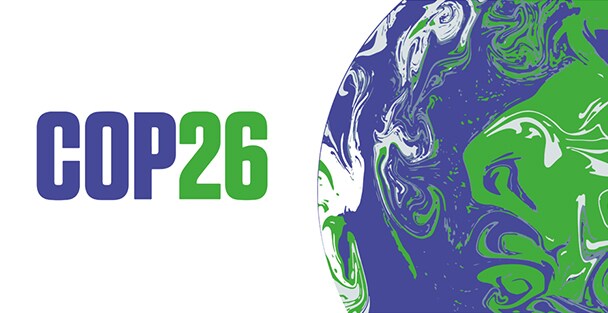 Un logo COP26 con una Terra stilizzata e animata.