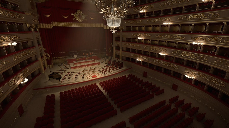Una fotografia del Teatro alla Scala e la sfarzosa sala a più piani.