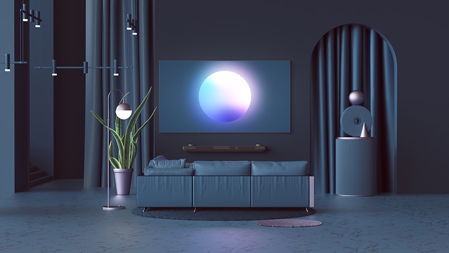 La TV OLED LG SIGNATURE è montata su una parete all'interno di un'atmosfera soffusa.
