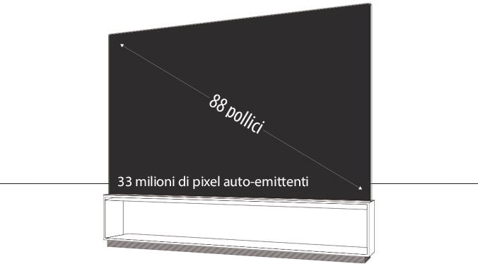 Un'infografica del TV LG SIGNATURE 8K OLED Z9 che mostra le dimensioni complessive del prodotto