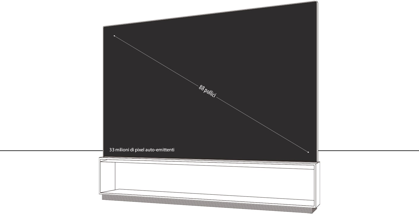 Un'infografica del TV LG SIGNATURE 8K OLED Z9 che mostra le dimensioni complessive del prodotto