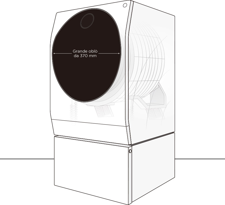 Un'infografica della Lavatrice LG SIGNATURE che mostra le dimensioni dell'oblò nero