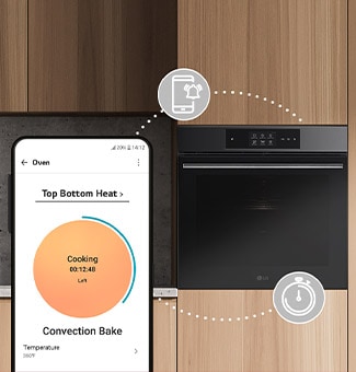 This is an image where icons expressing timers and push notification functions are connected between the smart phone and the oven.