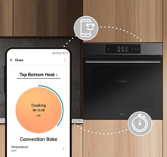 image where icons expressing timers and push notification functions are connected between the smart phone and the oven.