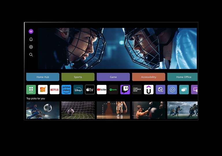 تعرض شاشة تلفزيون LG TV شاشة My Profile. في الثلث الأعلى، تظهر لافتة "Tangible Wonders". وتظهر أسفل اللافتة الأزرار التالية: Home Hub، وSports، وGame، وAccessibility، وHome Office. وتظهر أسفل الأزرار الشعارات التالية: LG Channels، وNetflix، وPrime Video، وDisney+، وApple TV، وYouTube، وSpotify، وTwitch، وGeForce Now، وUdemy. أسفل الشعارات، تظهر 5 صور مصغرة لأفلام تحت عبارة "Top picks for you". ينقر المؤشر على حرف "S" الأوّلي في الزاوية العلوية اليسرى. تفتح القائمة المنسدلة لحساب LG وتظهر خمسة أسماء. ينقر المؤشر على الاسم الثاني لتتغير الصور المصغرة والمحتويات الموصى بها على الشاشة.