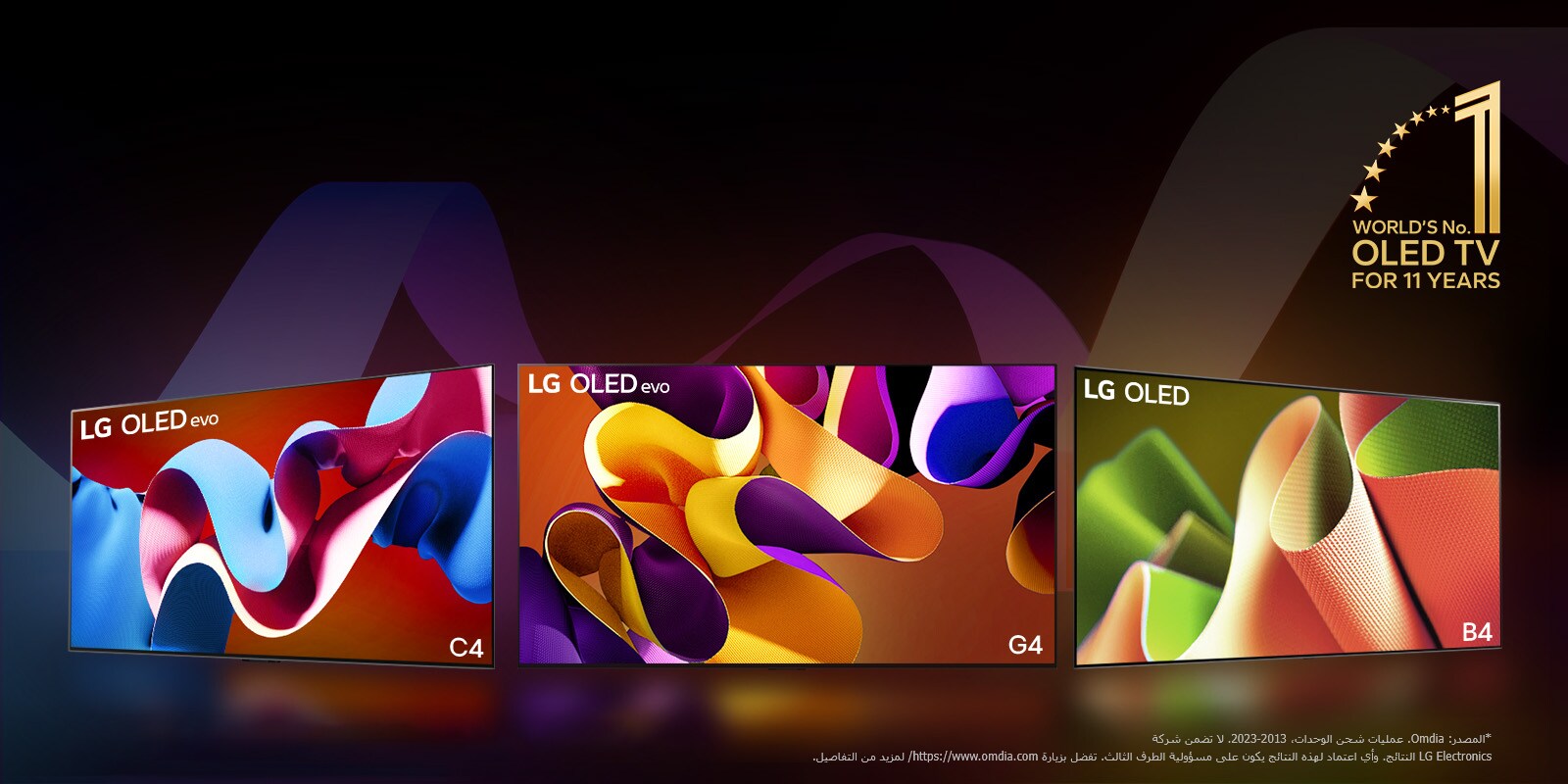 تظهر تلفزيونات LG OLED evo C4، وevo G4، وB4 مصطفة على خلفية سوداء مع دوامات دقيقة ملونة. يظهر شعار "World's number 1 OLED TV for 11 Years" في الصورة.  ينص إخلاء المسؤولية على ما يلي: "المصدر: Omdia. عمليات شحن الوحدات، من 2013 إلى 2023. لا تضمن شركة LG Electronics النتائج. وأي اعتماد على هذه النتائج يكون على مسؤولية الطرف الثالث. تفضل بزيارة https://www.omdia.com/ لمزيد من التفاصيل."