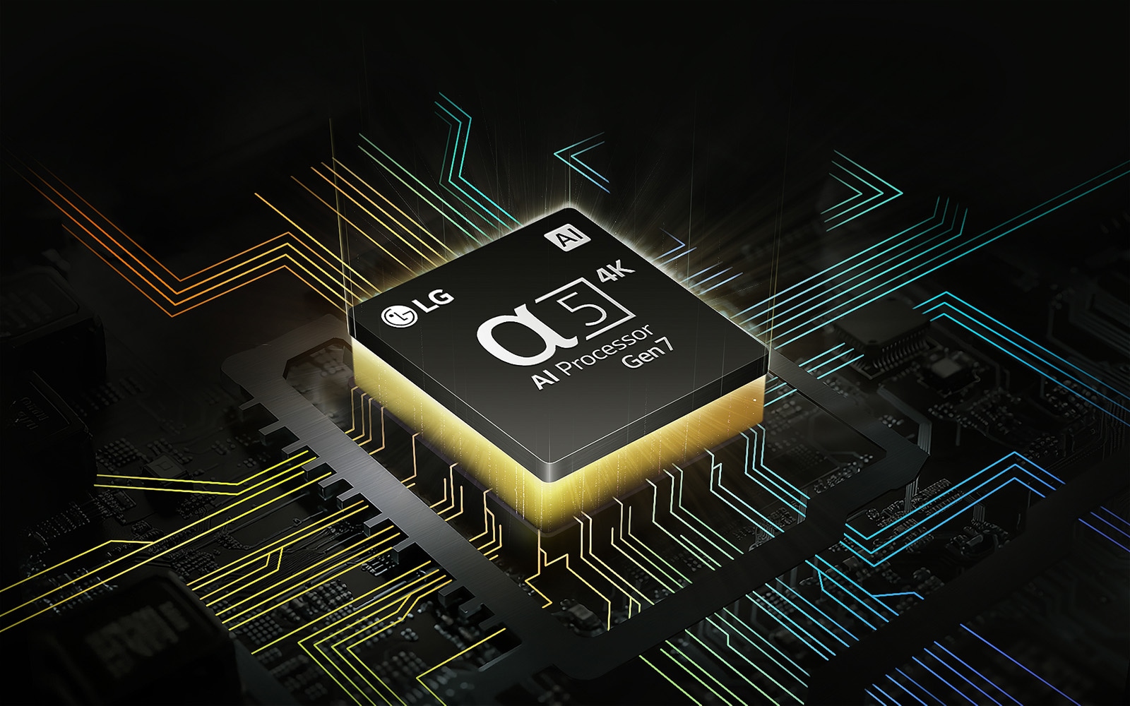 معالج Alpha 5 AI من LG بدقة 4K من الجيل السابع مع ضوء أصفر ينبعث من أسفله، وخطوط لوحة دوائر ملونة تتفرع من معالج AI.