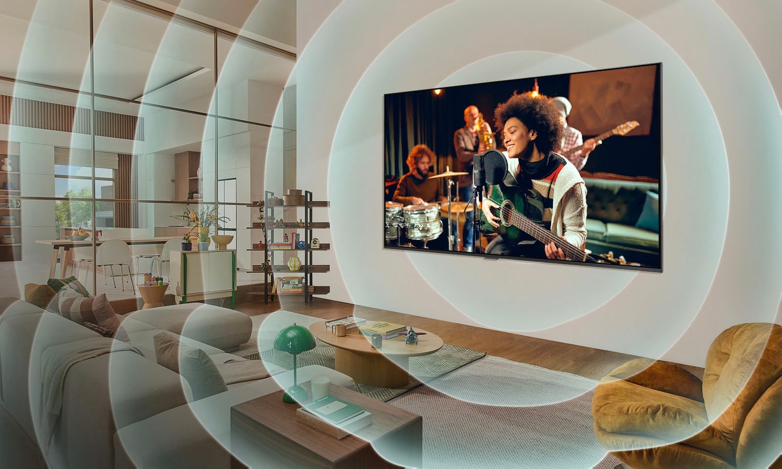 LG TV معلق على الحائط في غرفة المعيشة ويظهر على الشاشة عازف جيتار. رسومات دائرة متحدة المركز تمثل الموجات الصوتية.
