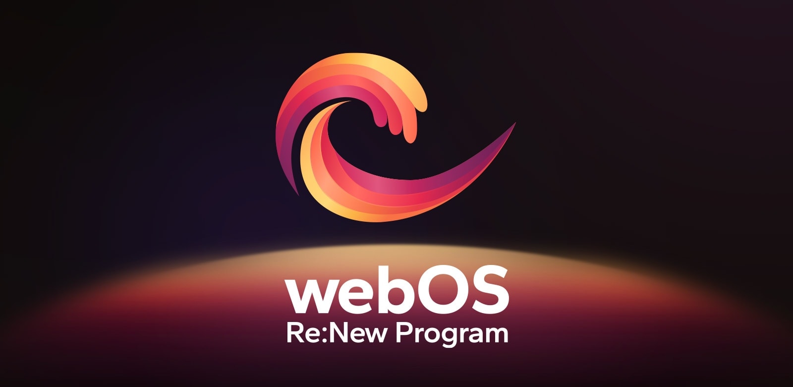 شعار webOS Re:New Program يتم عرضه على خلفية سوداء مع كرة دائرية باللون الأصفر والبرتقالي والأرجواني في أسفل الصورة.