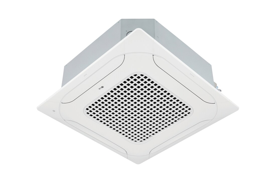 LG  Ceiling Cassette، 4-Way Cassette_Inverter_H/P (1Φ)، 48kBtu, يتكون LG Ceiling Cassette من جزء سفلي وجزء علوي باللون الأبيض. في الأسفل، توجد مراوح في كل اتجاه من الاتجاهات الأربعة، لسهولة تدفق الهواء., ATNW48GMLS1 ENWTMEA + ATUW48GMLS1 ENWTMEA