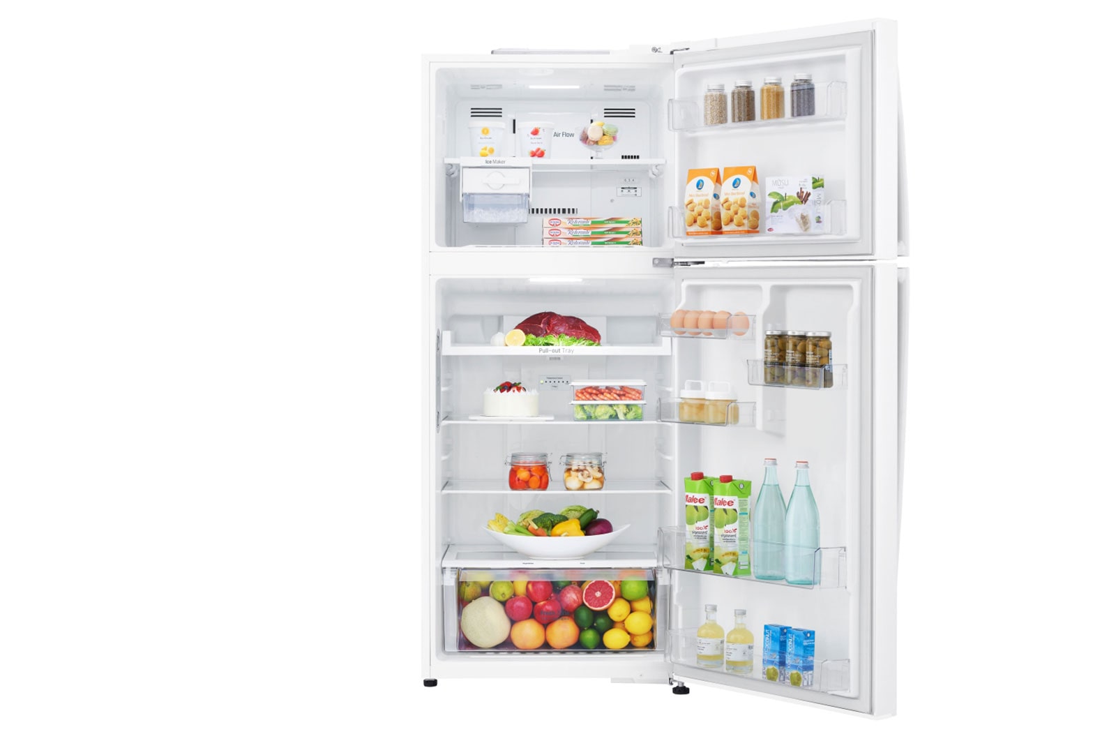 LG ثلاجة فريزر علوي بسعة 438 لتر و بتقنية تبريد الابواب , Front open view with food, GR-C639HWCL