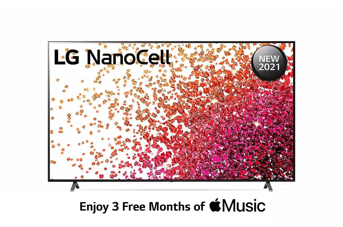 LG سلسلة تلفزيون LG NanoCell  ‏ 75 بوصة  NANO75، بدقة 4K  والمزود بتقنية  Active HDR، ونظام تشغيل WebOS  بالإضافة إلى تقنية  Smart ThinQ AI, منظر أمامي لتلفزيون NanoCell من إل جي, 75NANO75VPA