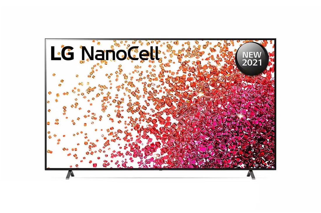 LG سلسلة تلفزيون LG NanoCell  ‏ 75 بوصة  NANO75، بدقة 4K  والمزود بتقنية  Active HDR، ونظام تشغيل WebOS  بالإضافة إلى تقنية  Smart ThinQ AI, منظر أمامي لتلفزيون NanoCell من إل جي, 75NANO75VPA