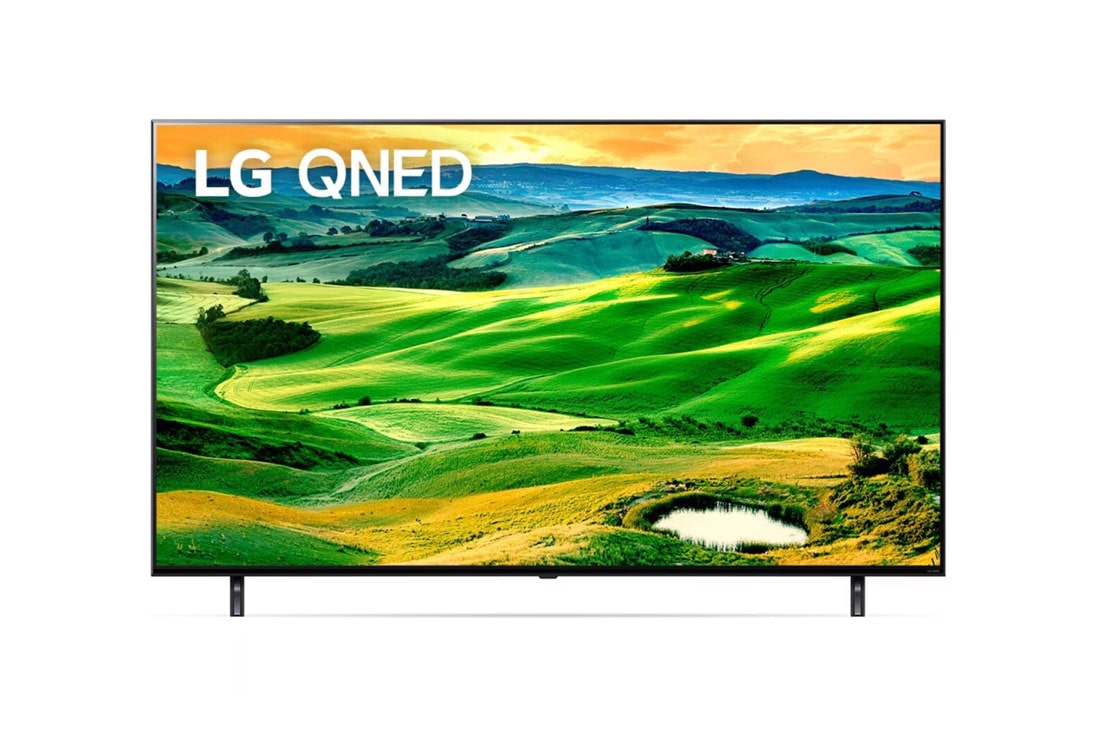 LG تلفزيون QNED بتقنية  بدقة 4K الحقيقية من إل جي مقاس 65 بوصة من السلسلة QNED80، مع HDR (النطاق الديناميكي العالي) النشط 4K لتصميمات شاشة السينما والتعتيم المحلي  وتقنية ThinQ AI للتلفزيون الذكي بنظام التشغيل webOS., منظر أمامي , 65QNED806QA