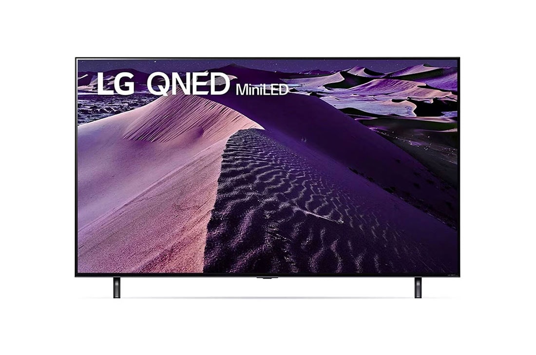 LG تلفزيون QNED MiniLED بتقنية ألوان  بدقة 4K الحقيقية من إل جي مقاس 65 بوصة من السلسلة QNED85، مع HDR (النطاق الديناميكي العالي) النشط 4K لتصميمات شاشة السينما وتقنية ThinQ AI للتلفزيون الذكي بنظام التشغيل webOS., مظهر أمامي لتلفزيون QNED من إل جي مع صورة ملء الفراغات وشعار المنتج, 65QNED856QA