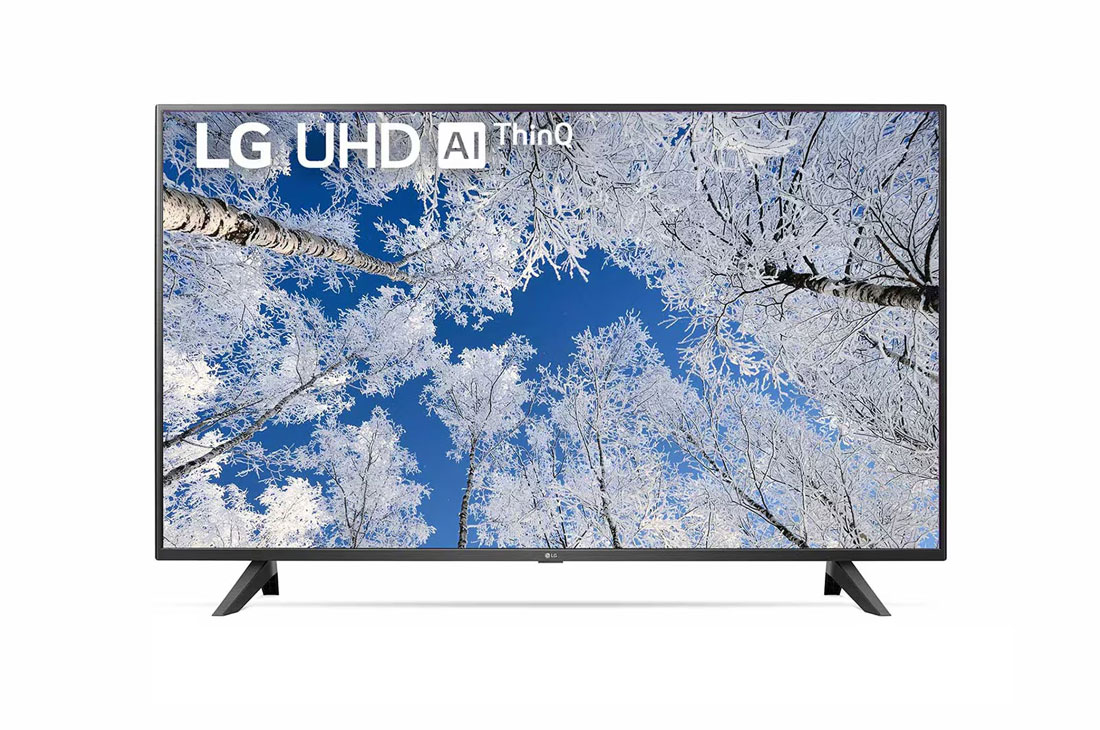 LG تلفزيون فائق الوضوح (UHD) من إل جي بدقة 4K مقاس 55 بوصة من السلسلة UQ7000، مع HDR (النطاق الديناميكي العالي) النشط 4K وتقنية  ThinQ AI للتلفزيون الذكي بنظام التشغيل webOS, منظر أمامي لتلفزيون UHD من LG مع صورة بملء الشاشة وشعار المنتج, 55UQ70006LB