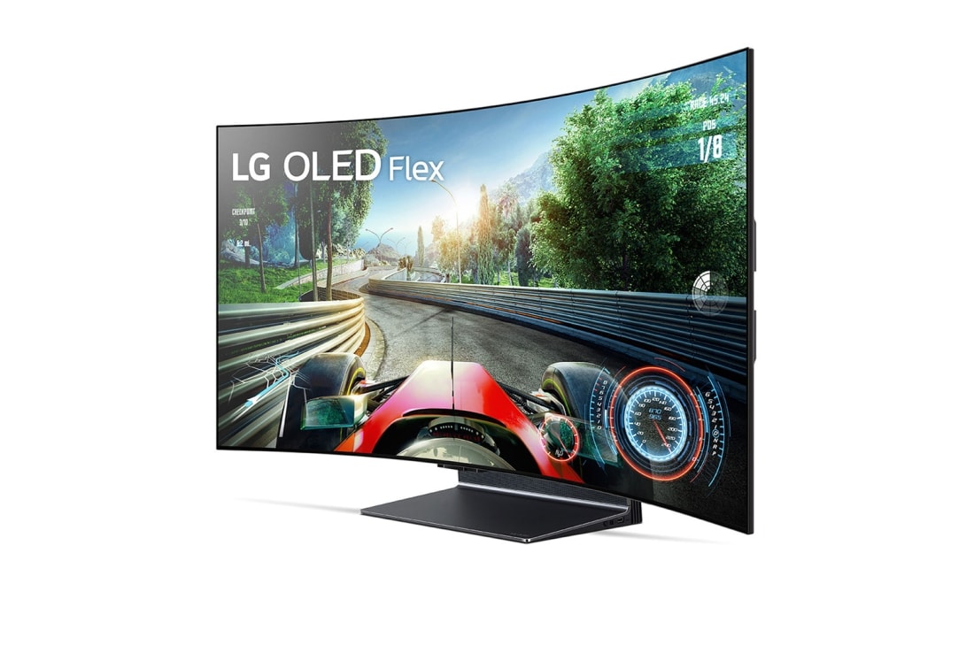 LG إل جي أوليد Flex ٤٢ بوصة 4K تلفاز ذكي، شاشة بتصميم قابل للثني، معالج a9 Gen5 للذكاء الإصطناعي., منظر أمامي بزاوية 45 درجة لتلفزيون Flex يتجه ناحية اليسار بشاشة منحنية بالكامل., 42LX3Q6LA