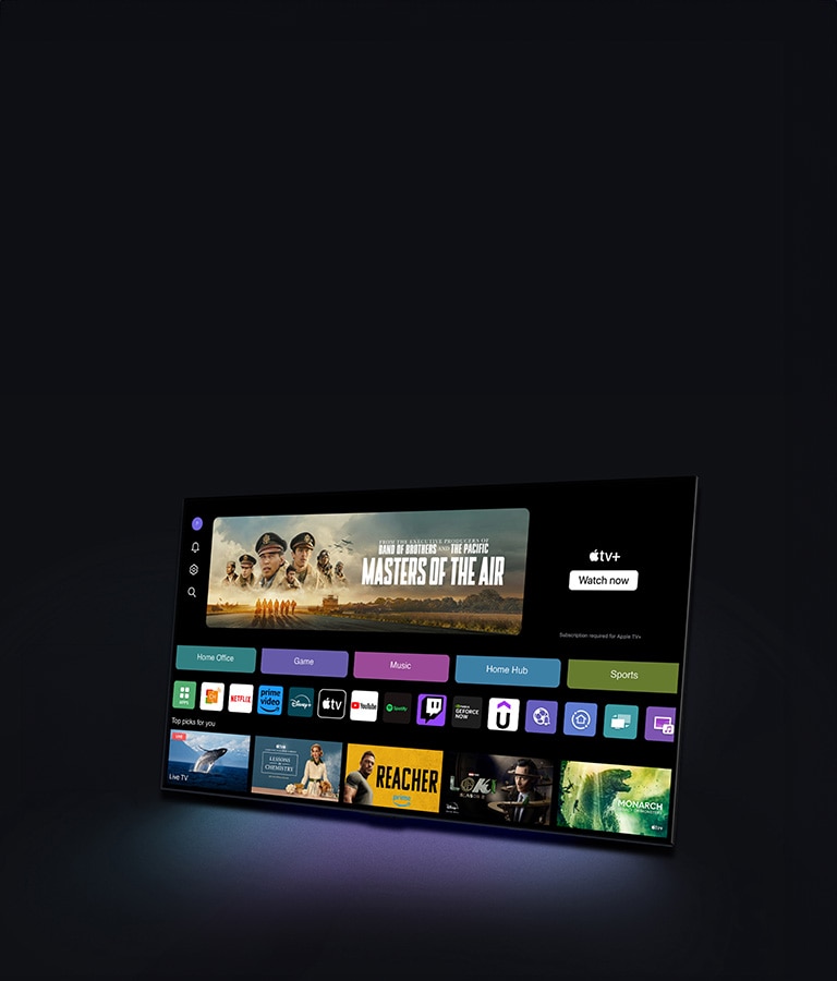 To the right of the banner there is a LG TV with a webOS home screen. The webOS home screen with Home Office, Game, Music, Home Hub, and Sports categories. The bottom of the screen shows personalized recommendations under “Top picks for you”.