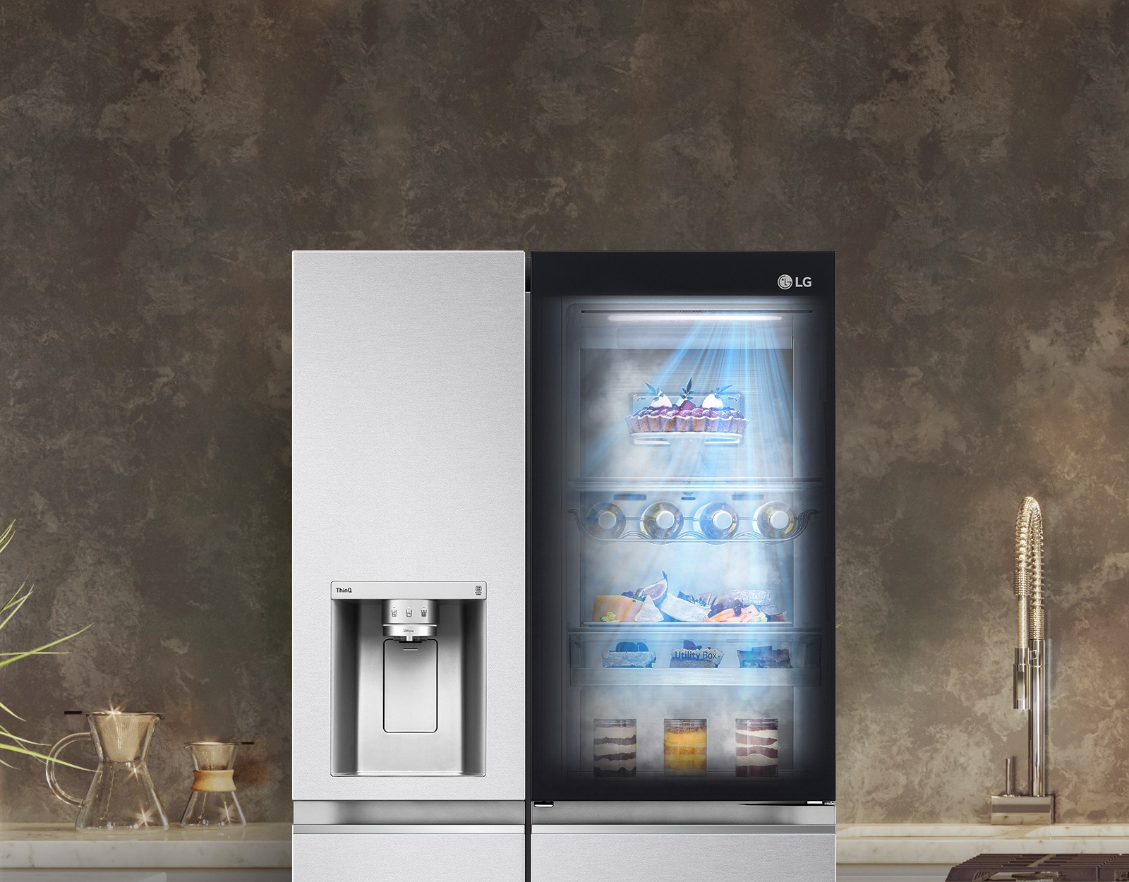 The front view of a black InstaView refrigerator with the light on inside. The contents of the refrigerator can be seen through the InstaView door. Blue rays of light shine down over the contents from the DoorCooling function. 