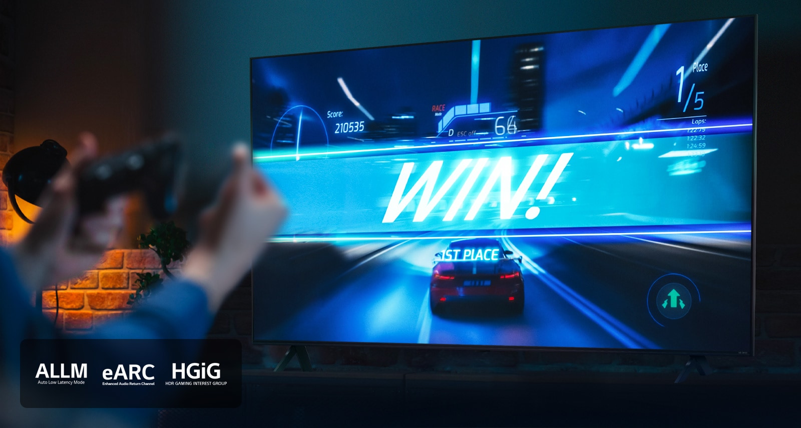 A car racing game on the finish line, with the sign saying 'WIN!', as the player clenches on to the game joystick. ALLM, eARC, HGiG logo are placed on the bottom left corner.