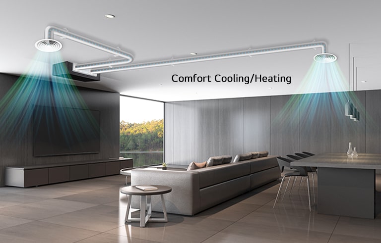 Modern living room with the LG Ceiling Concealed Duct for Comfort Cooling/Heating, featuring discreet ceiling ducts.