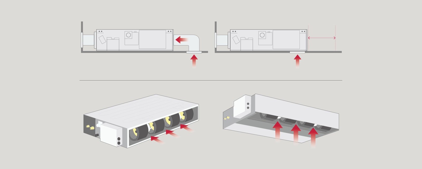 Diagram of the LG Ceiling Concealed Duct airflow with the top image showing internal directions in red arrows and the bottom image highlighting fresh air intake and circulation paths with red arrows.