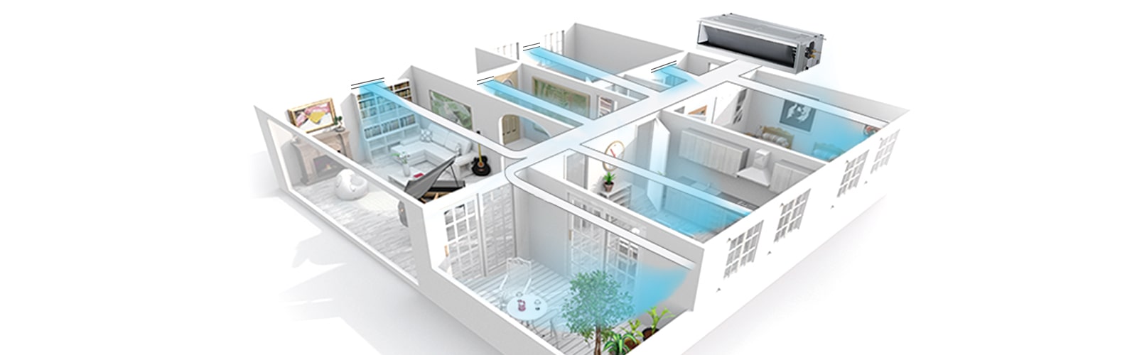 3D Illustration of the LG Ceiling Concealed Duct cooling multiple rooms in a home, with blue airflow showing efficient coverage throughout the space.