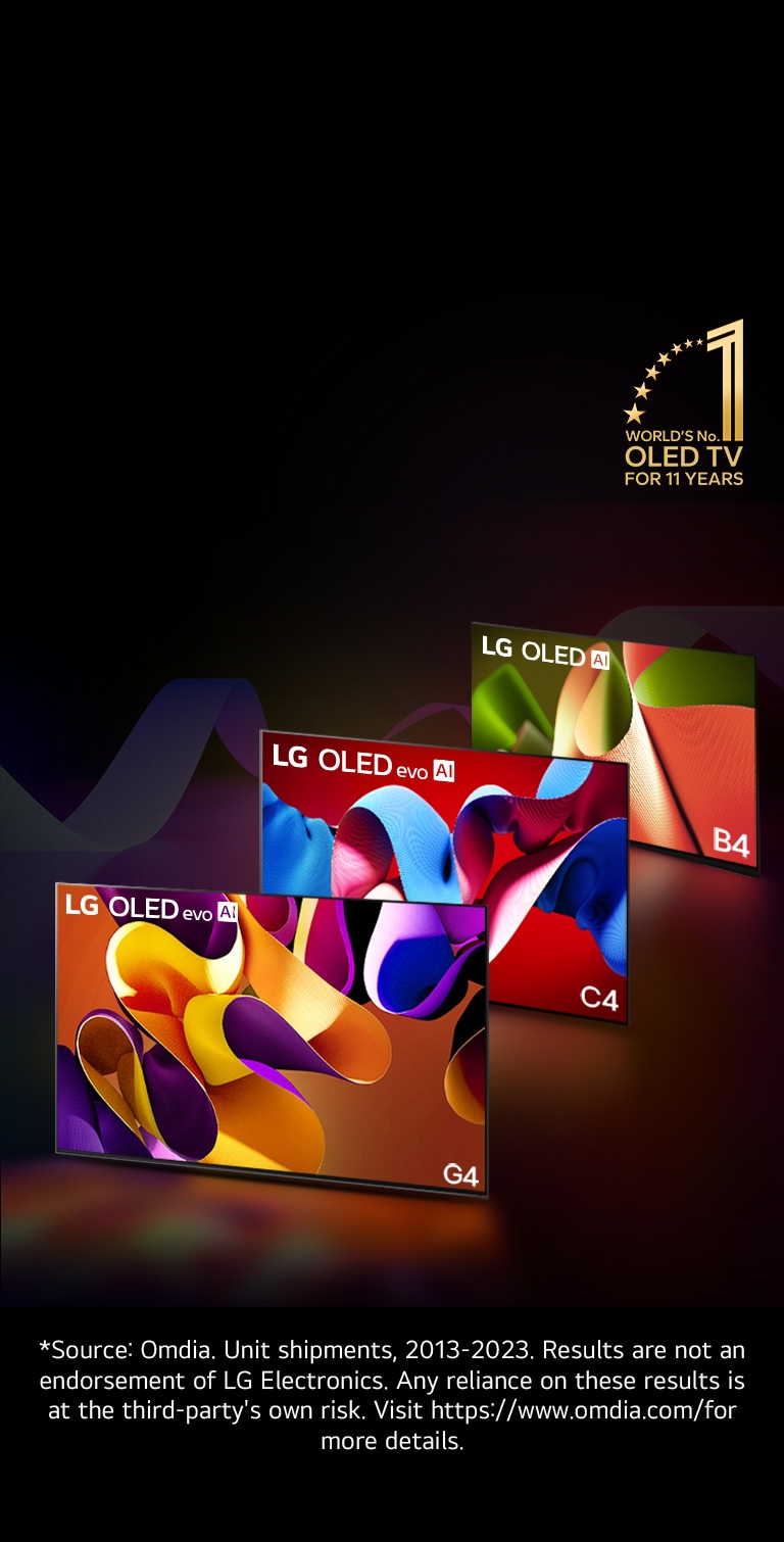 PC: LG OLED evo G4, LG OLED evo C4, and LG OLED B4 side-by-side, each displaying a different-colored abstract artwork on screen. Light casts from each TV to the ground below. A gold emblem of World's number 1 OLED TV for 11 Years at the top right corner.  MO: LG OLED evo G4, LG OLED evo C4, and LG OLED B4 in a row, each displaying a different-colored abstract artwork on screen. Light casts from each TV to the ground below. A gold emblem of World's number 1 OLED TV for 11 Years at the top right corner.