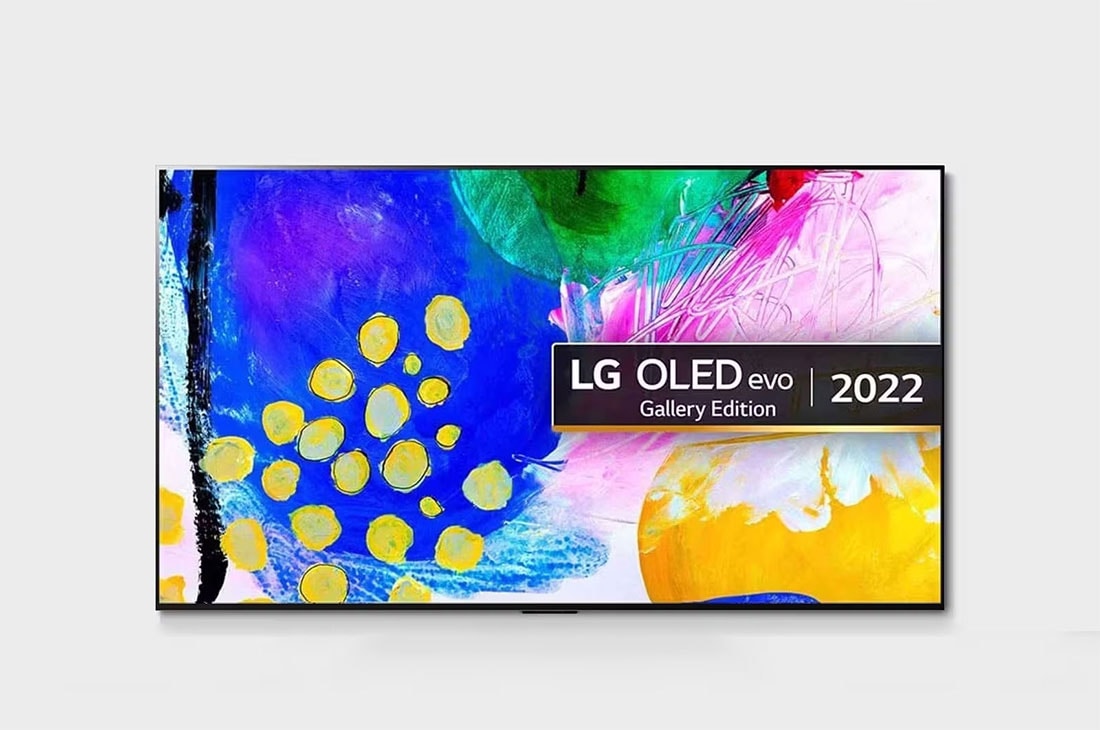 LG OLED evo TV 65 Inch G2 Series, Gallery Design, flush-fit wall mount ,4K Cinema HDR webOS Smart ThinQ AI Pixel Dimming, Front view with LG OLED evo Gallery Edition on the screen, OLED65G26LA