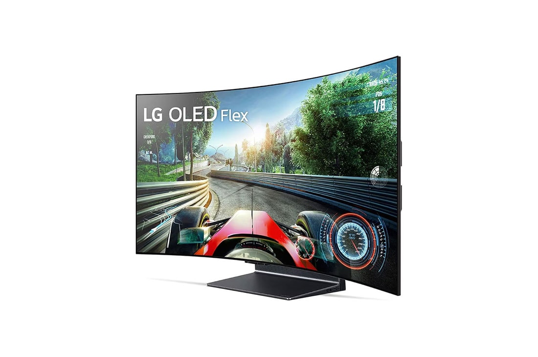 LG OLED Flex 42 Inch 4K TV Smart TV, bendable flexible screen design, SAR display, a9 Gen5 AI processor., Left-facing Flex seen from a front 45-degree angled view with a fully curved screen., 42LX3Q6LA