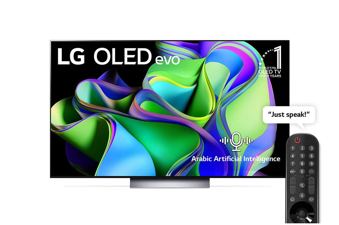 LG, OLED evo TV, 77 inch C3 series, WebOS Smart AI ThinQ, Magic Remote, 4 side cinema, Dolby Vision HDR10, HLG, AI Picture Pro, AI Sound Pro (9.1.2ch), Dolby Atmos, 1 pole stand, 2023 New, Front view with LG OLED evo and 11 Years World No.1 OLED Emblem on screen., OLED77C36LA