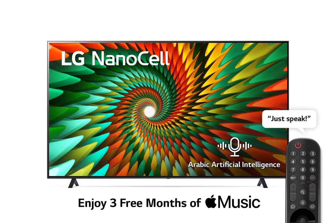 LG, Nanocell TV, 75 inch NANO77R series, WebOS Smart AI ThinQ, Magic Remote, 3 side cinema, HDR10, HLG   , AI Sound Pro (5.1.2ch), 2 Pole stand, 2023 New, A front view of the LG NanoCell TV, 75NANO776RA