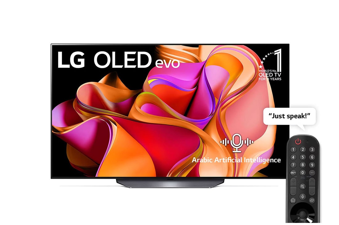 LG, OLED evo TV, 65 inch CS3 series, WebOS Smart AI ThinQ, Magic Remote, 4 side cinema, Dolby Vision HDR10, HLG, AI Picture Pro, AI Sound Pro (9.1.2ch), Dolby Atmos, 1 pole stand, 2023 New, Front view with LG OLED evo and 10 Years World No.1 OLED Emblem on screen., OLED65CS3VA