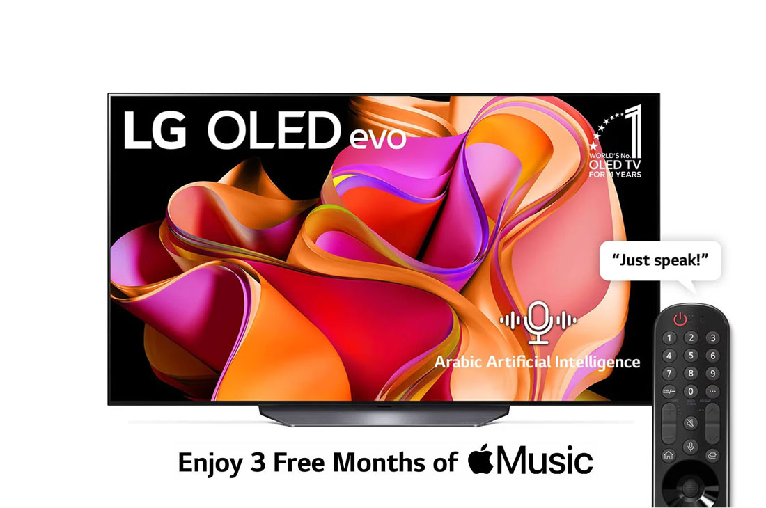 LG, OLED evo TV, 65 inch CS3 series, WebOS Smart AI ThinQ, Magic Remote, 4 side cinema, Dolby Vision HDR10, HLG, AI Picture Pro, AI Sound Pro (9.1.2ch), Dolby Atmos, 1 pole stand, 2023 New, Front view with LG OLED evo and 10 Years World No.1 OLED Emblem on screen., OLED65CS3VA