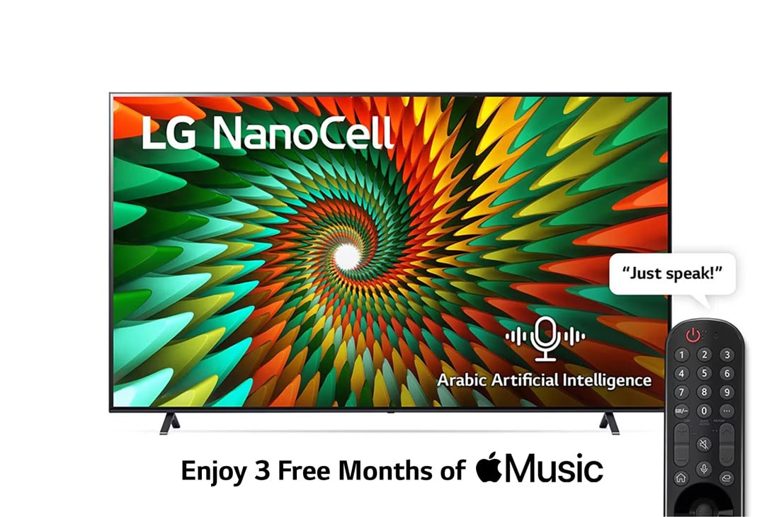 LG, Nanocell TV, 86 inch NANO77R series, WebOS Smart AI ThinQ, Magic Remote, 3 side cinema, HDR10, HLG   , AI Sound Pro (5.1.2ch), 2 Pole stand, 2023 New, A front view of the LG NanoCell TV, 86NANO776RA