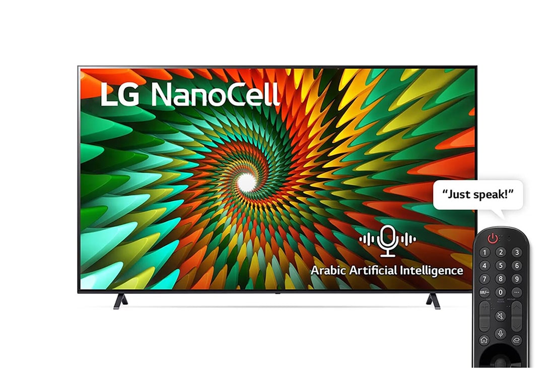 LG, Nanocell TV, 86 inch NANO77R series, WebOS Smart AI ThinQ, Magic Remote, 3 side cinema, HDR10, HLG   , AI Sound Pro (5.1.2ch), 2 Pole stand, 2023 New, A front view of the LG NanoCell TV, 86NANO776RA