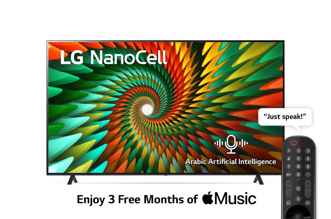 LG, Nanocell TV, 65 inch NANO77R series, WebOS Smart AI ThinQ, Magic Remote, 3 side cinema, HDR10, HLG   , AI Sound Pro (5.1.2ch), 2 Pole stand, 2023 New, A front view of the LG NanoCell TV, 65NANO776RA