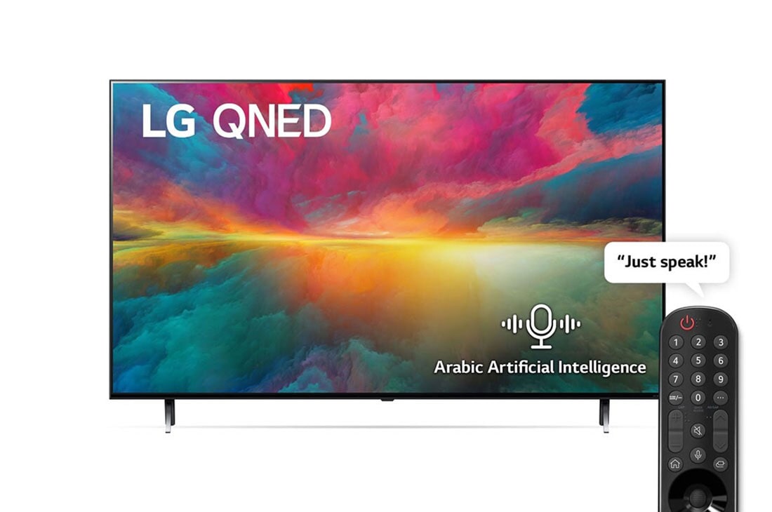 LG,  Colour Technology QNED TV, 65 inch QNED75R series, WebOS Smart AI ThinQ, Magic Remote, 3 side cinema, HDR10, HLG   , AI Sound Pro (5.1.2ch), 2 Pole stand, 2023 New, A front view of the LG QNED TV with infill image and product logo on, 65QNED756RB