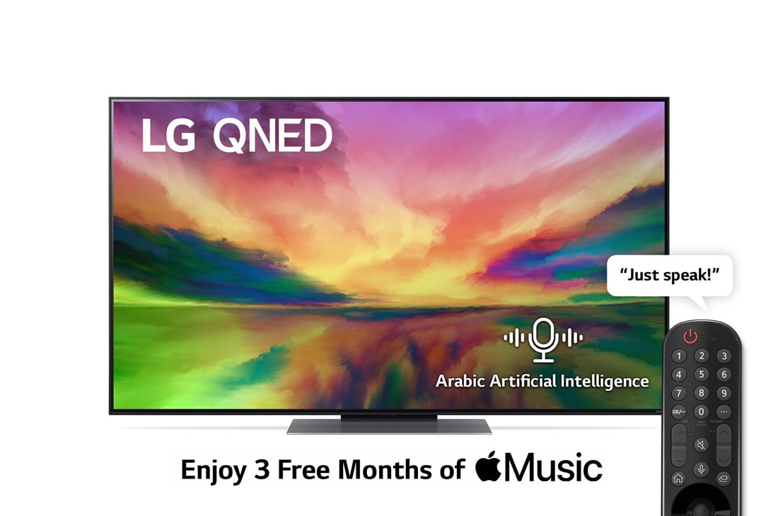 LG, Quantum Dot Nanocell Colour Technology QNED TV, 55 inch QNED81R series, WebOS Smart AI ThinQ, Magic Remote, 3 side cinema, HDR10, HLG, AI Picture Pro, AI Sound Pro (5.1.2ch), 1 pole stand, 2023 New, A front view of the LG QNED TV with infill image and product logo on, 55QNED816RA