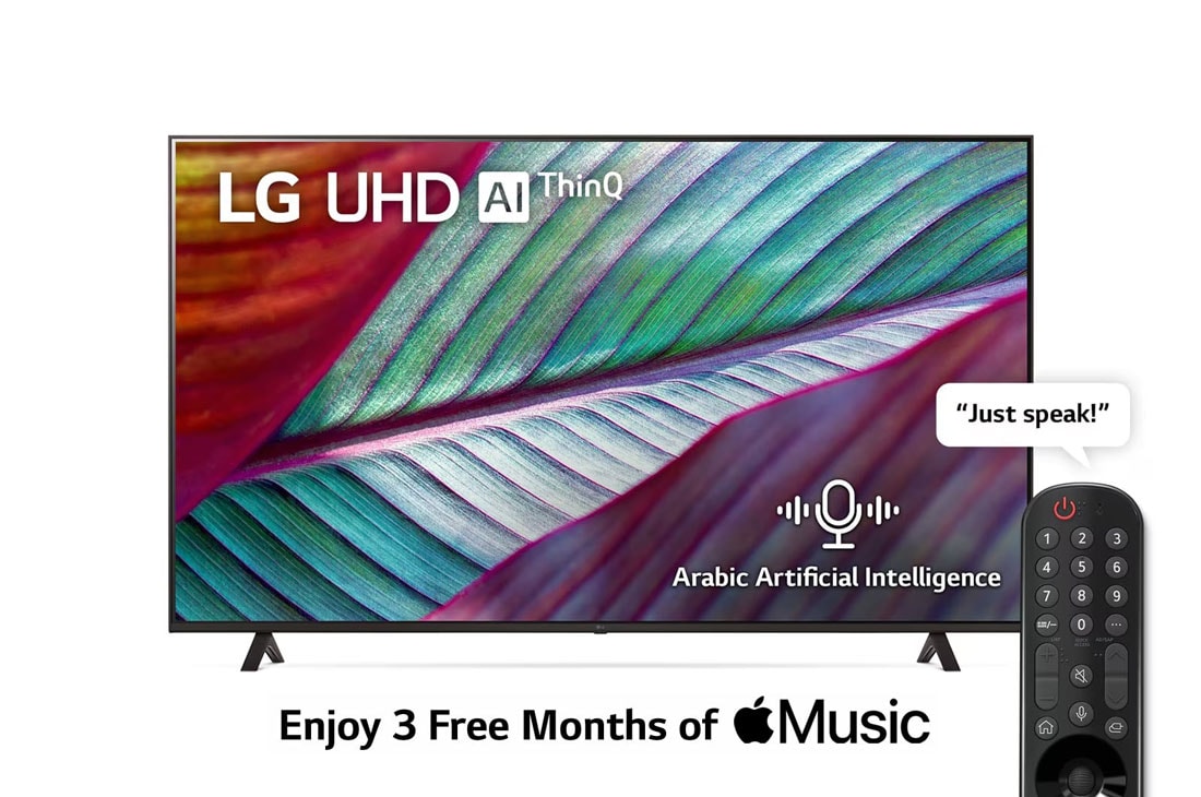 LG, UHD 4K TV, 65 inch UR78 series, WebOS Smart AI ThinQ, Magic Remote, 3 side cinema, HDR10, HLG   , AI Sound (5.1ch), 2 Pole stand, 2023 New, A front view of the LG UHD TV, 65UR78066LK