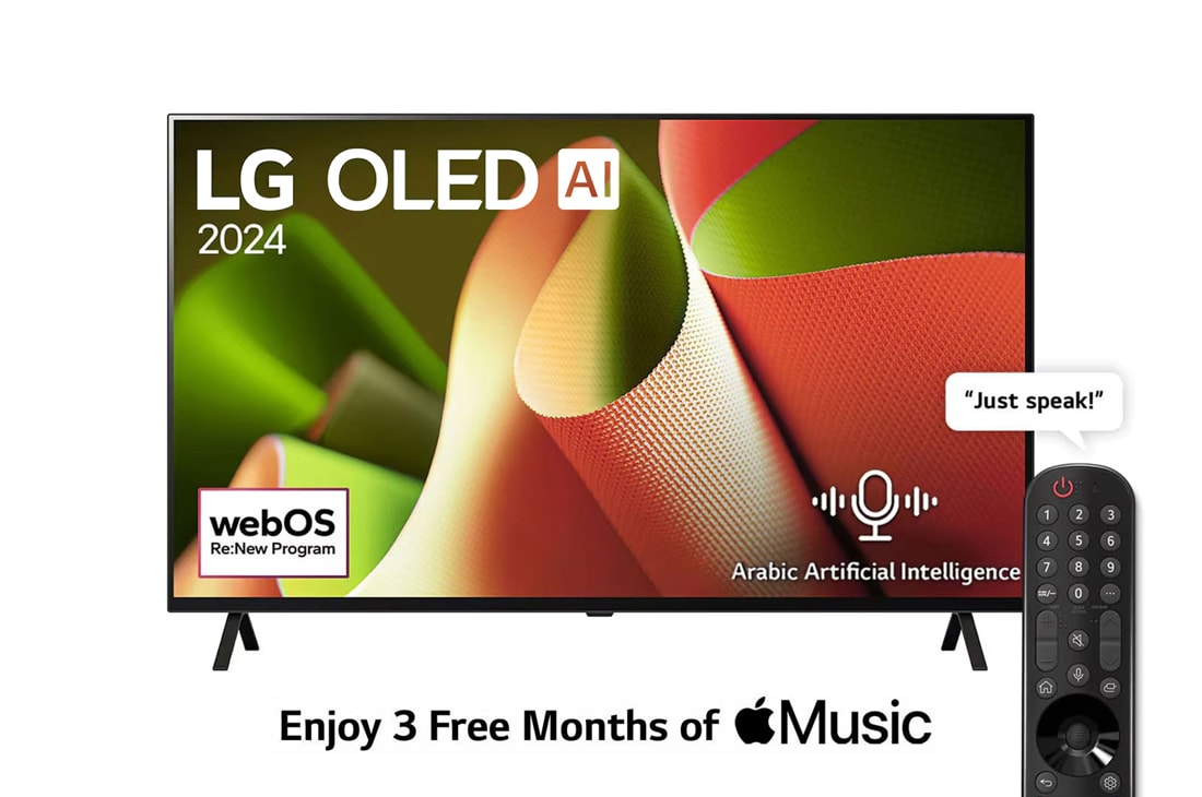 LG 77 Inch LG OLED AI B4 4K Smart TV AI Magic remote Dolby Vision webOS24 2024, Front view with LG OLED TV, OLED AI B4, 11 Years of world number 1 OLED Emblem and webOS Re:New Program logo on screen with 2-pole stand, OLED77B46LA