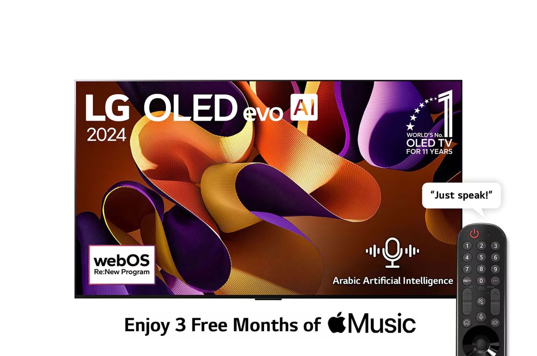 LG 83 Inch LG OLED evo AI G4 4K Smart TV AI Magic remote Dolby Vision webOS24 2024, Front view with LG OLED evo AI TV, OLED G4, 11 Years of world number 1 OLED Emblem, webOS Re:New Program logo, and 5-Year Panel Warranty logo on screen, OLED83G46LA