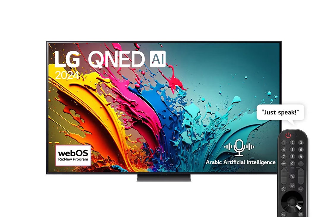 LG 86 Inch LG QNED AI QNED86 4K Smart TV AI Magic remote HDR10 webOS24 2024, Front view of LG QNED TV, QNED85 with text of LG QNED, 2024, and webOS Re:New Program logo on screen, 86QNED86T6A