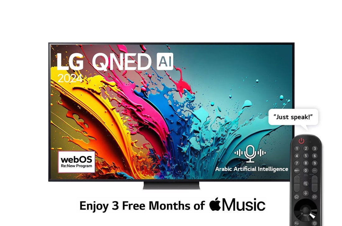 LG 86 Inch LG QNED AI QNED86 4K Smart TV AI Magic remote HDR10 webOS24 2024, Front view of LG QNED TV, QNED85 with text of LG QNED, 2024, and webOS Re:New Program logo on screen, 86QNED86T6A