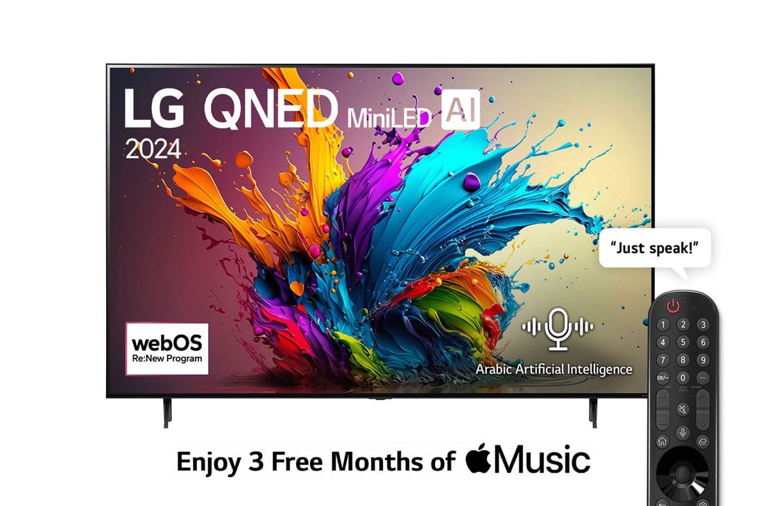 LG 75 Inch LG QNED AI MiniLED QNED90 4K Smart TV AI Magic remote HDR10 webOS24 2024, Front view of LG QNED TV, QNED90 with text of LG QNED MiniLED, 2024, and webOS Re:New Program logo on screen, 75QNED90T6A