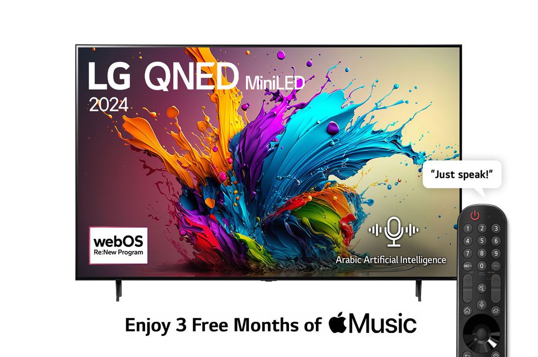 LG 75 Inch LG QNED MiniLED QNED90 4K Smart TV AI Magic remote HDR10 webOS24 2024, Front view of LG QNED TV, QNED90 with text of LG QNED MiniLED, 2024, and webOS Re:New Program logo on screen, 75QNED90T6A